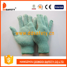 Зеленые полиэстер трикотажные перчатки с Белый PVC ставит точки одна сторона (DKP139)